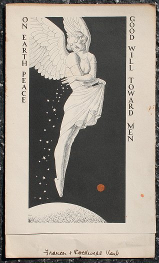 ROCKWELL KENT PEACE GOODWILL LITHOGRAPH SIGNED: KENT, Rockwell, (American, 1882-1961): ''On Earth, Peace, Goodwill towards Men'', lithograph, 9 7/8'' x 5 7/8'', folding, signed Frances & Rockwell Kent, unframed