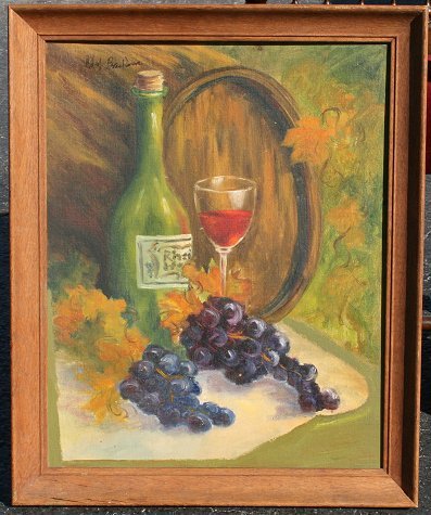 ROBERT BRACKMAN STILL LIFE PAINTING: BRACKMAN, Robert, (American 1891-1980): Still life with fruit, wine vessels and glass, OIL/Canvas Board, 20" x 16", signed, wooden frame, 23" x 19".