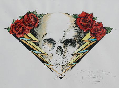 STANLEY MOUSE GRATEFUL DEAD PAINTING: MOUSE, Stanley, (American, 1040-): Grateful Dead Skull and Roses, W/C, sight size 18" x 24", pencil signed lower right, dated 11/14/01, encased in black frame, 25 1/2" x 32".