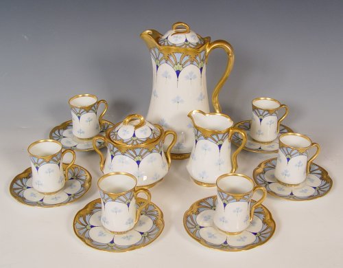 PICKARD ART NOUVEAU DECORATED CHOCOLATE SET: PICKARD ART NOUVEAU DECORATED CHOCOLATE SET: Hand painted set to include the 9 1/4" tall chocolate pot, cream pitcher, 6 cups and 6 saucers. Bears the backstamps of Jaeger & Co Bavarian China and Pick