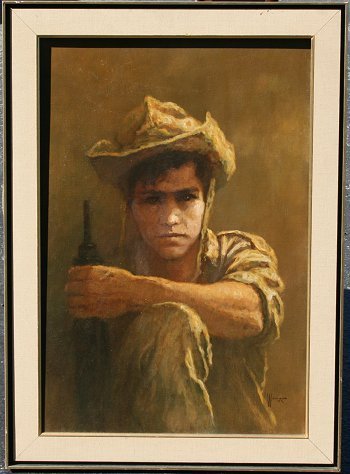 WEINTRAUB ISRAELI ARMED BOY PAINTING: WEINTRAUB, William, (Israeli, 20th C.): Portrait of a Young Soldier, OIL/Canvas, 28 1/2" x 19 1/2", signed, framed, 33 1/4" x 24".