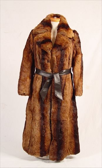 FULL LENGTH NATURAL RABBIT FUR COAT: FULL LENGTH NATURAL RABBIT FUR COAT: Shades of brown rabbit fur with brown leather belt. The label says medium, measurements are approx. 48" long, 17" shoulder to shoulder and 23" sleeve.