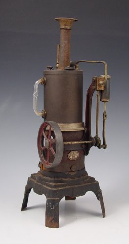 GERMAN ERNEST PLANK VERTICAL STEAM ENGINE: GERMAN ERNEST PLANK VERTICAL STEAM ENGINE: Marked with EP plaque, comes with Sternau & Co burner, does not fit correctly. Engine measures 11" high x 4" x 4".