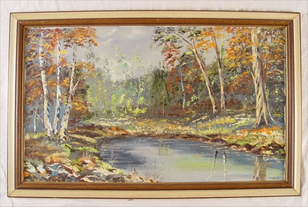 J. SUBEL VIBRANT WOODLAND POND PAINTING BIRCH TREE: CONTEMPORARY BIRCH FOREST LANDSCAPE OIL/CANVAS PAINTING: Serene woodland pond scene with Birch trees in vibrant colors. 23 1/2" x 48", signed J Subel, '76. Framed 32" x 56".