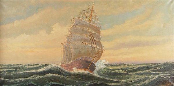 SIGNED CLIPPER SHIP PAINTING: TALL SHIP AT SEA PAINTING: Clipper ship under full sail on open rolling waters, OIL/Canvas, 24" x 48", illegibly signed J. H. Roccofie? lower right, framed 29" x 53 1/4".
