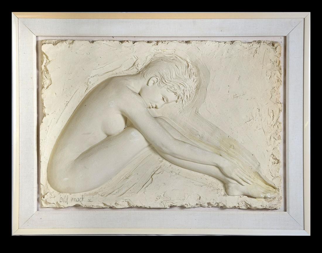 BILL MACK BONDED SAND NUDE SCULPTURE: BILL MACK BONDED SAND NUDE SCULPTURE: "Security", 27.5" x 39", signed lower left, numbered 26/130, framed, 36.5" x 48.25". 25 lbs.