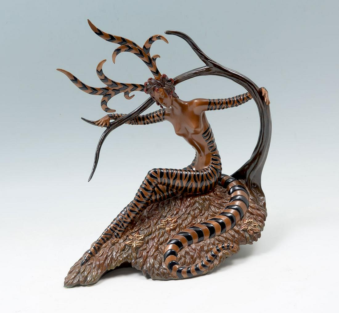 IMPRESSIVE ERTE BRONZE: IMPRESSIVE ERTE ''THE HUNTING'' BRONZE: Half woman and half animal, this creature has been wounded by a hunter and she is weeping. She is on a stack of leaves holding on to tree branches so she doesn'