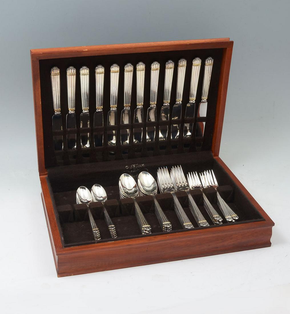 CHRISTOFLE "ARIA" SILVERPLATE FLATWARE: CHRISTOFLE "ARIA" SILVERPLATE FLATWARE: Comprising; 12- Dinner forks, 12- Salad forks, 12- Table spoons, 12- Teaspoons, 12- Dinner knives. All are of the "Aria" pattern by Christofle and reside in a p