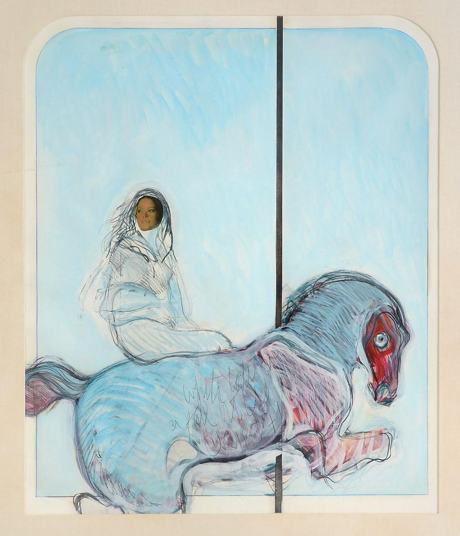 RUBADOUX PAINTING "WHITE LADY ON A PALE HORSE": RUBADOUX, Craig, (American, 1937- ): "White Lady on a Pale Horse", Watercolor and Pencil with Collage, sight size is 28.50" x 24", signed in the lower margin, titled and dated 1971, framed 37.50" x 32