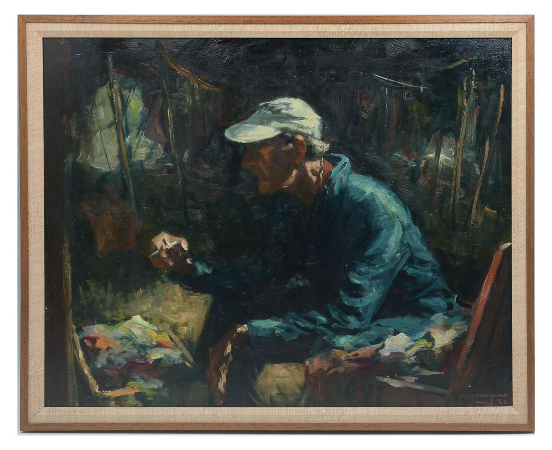 JEAN WAGNER TROEMEL CLOWN PAINTING: WAGNER TROEMEL, Jean, (American, 20/21st C.): Ringling Brothers Circus Clown Painting entitled ''By the Costume Tent'' depicting a Circus Clown putting on his makeup and persona. Painted by Troemel wh