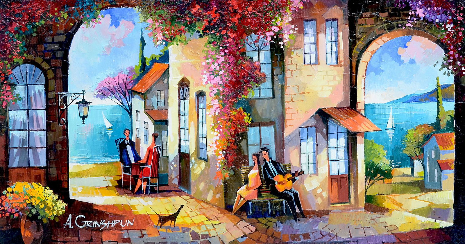 ALEX GRINSHPON ORIGINAL ROMANTIC PAINTING: GRINSHPON, Alexander, (Israeli, 1949-): "Romantic Afternoon by the Sea", Acrylic/Canvas, 16" x 30", signed lower left, Park West label affixed verso, framed, 24.25" x 38".