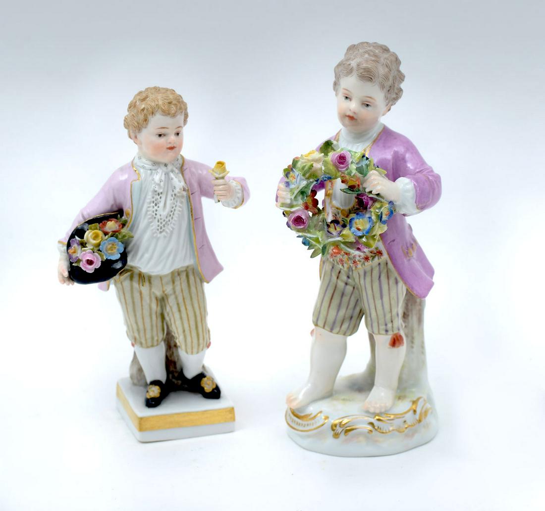TWO 19TH C FINELY DETAILED MEISSEN FIGURINES: TWO 19TH C FINELY DETAILED MEISSEN FIGURINES: Comprising; 1- Little boy with flowers in his hat and presenting a yellow rose. 2- A young boy presenting a floral wreath. Tallest Approx. 4.5'' t.