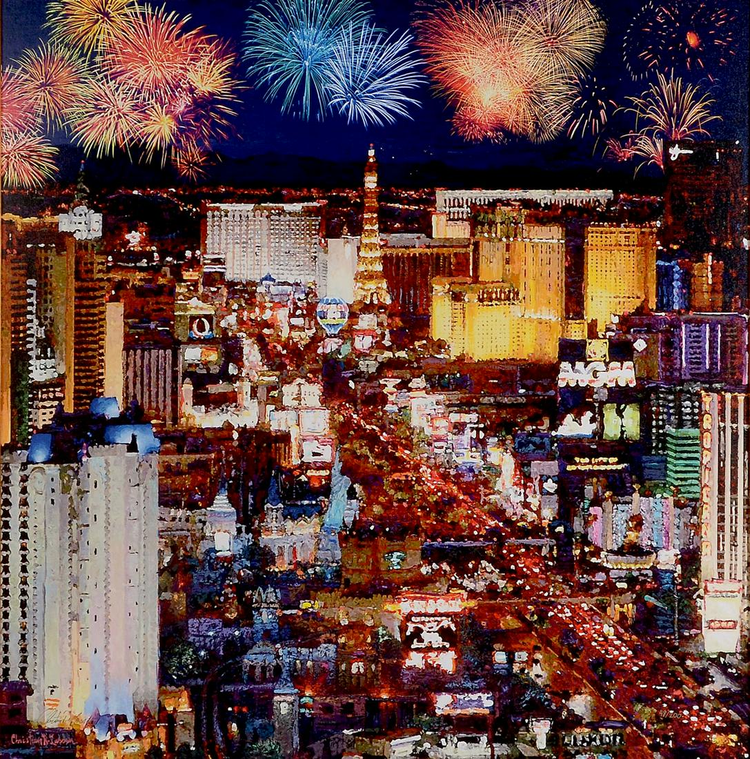 LARGE CHRISTIAN LASSEN LAS VEGAS FIREWORKS GICLEE: LASSEN, Christian, (American, 1949-): Las Vegas Fireworks, Giclee/Canvas, under plexiglass, sight size approx. 36" x 35", signed in the plate lower left and also on the canvas, numbered 48/200 lower r