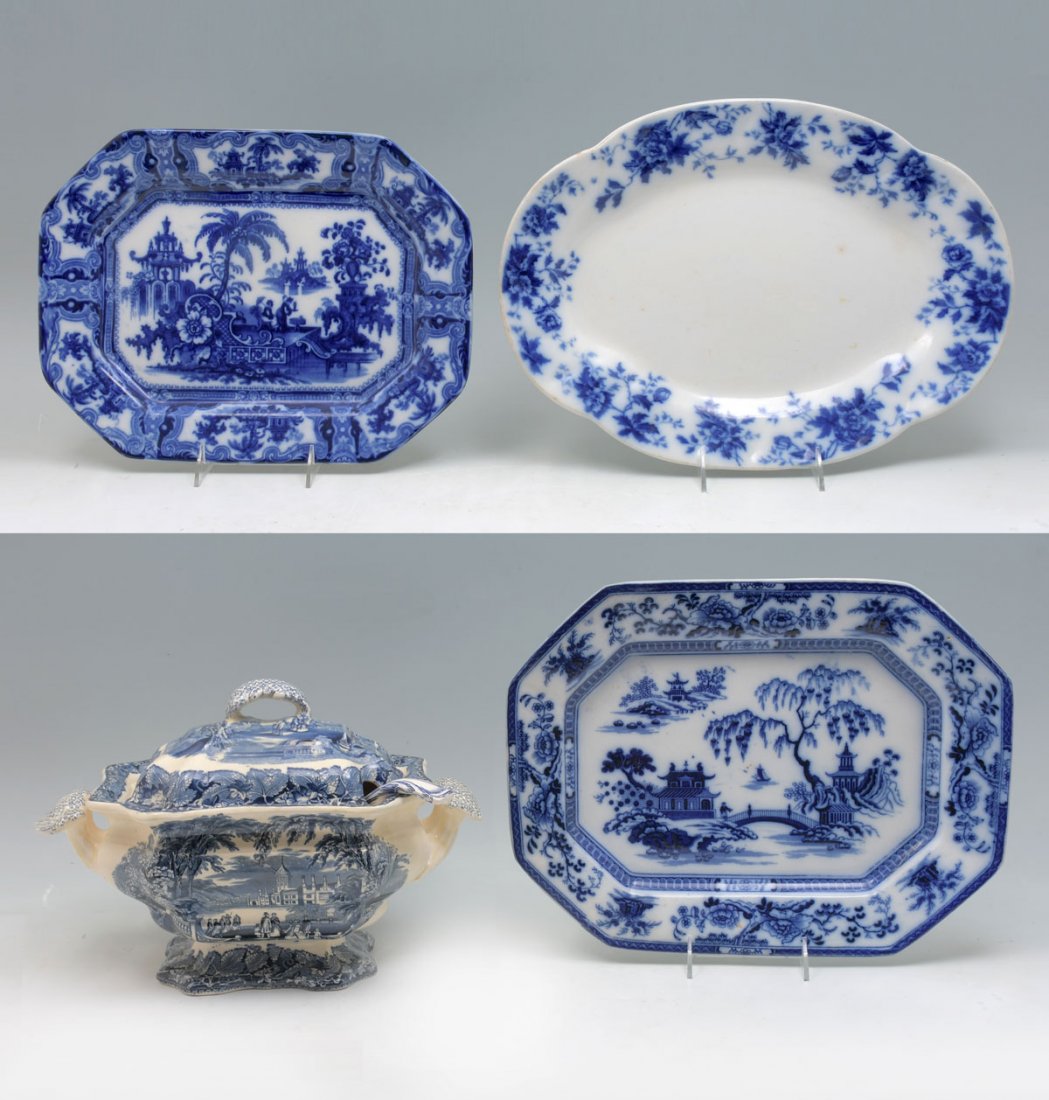 4 PC. BLUE AND WHITE TUREEN & SERVING PLATTERS: 4 PC. BLUE AND WHITE TUREEN & SERVING PLATTERS: Comprising; 1- Mason's English transferware Tureen with lid & a married ladle. 1- Maddock Chinoiserie platter. 1- W. Adams & Co. chinoiserie platter. 1-