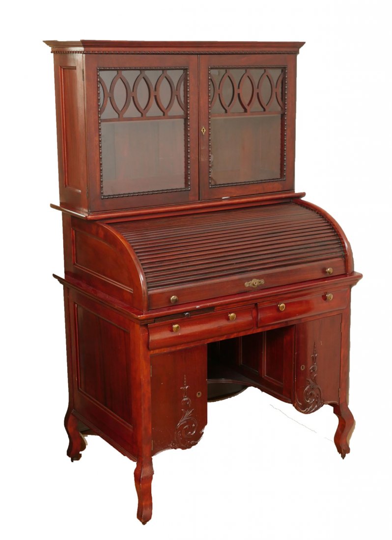ROLL-TOP SECRETARY DISPLAY DESK: ROLL-TOP SECRETARY DISPLAY DESK: 2 glass paned doors, shelved interior over roll top that reveals fitted interior, 3 drawers over 2 doors, with keys, 67" h., 40" w., 28" d.