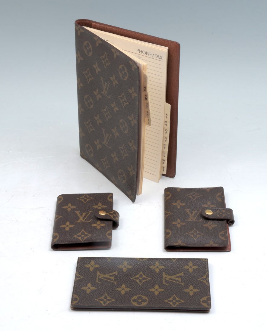 4 PC LOUIS VUITTON MONOGRAM CANVAS ITEMS: 4 PC LOUIS VUITTON MONOGRAM CANVAS ITEMS: 1) Vintage monogram credit and business card holder, cover opens with a snap to a terra-cotta cross grain leather interior with 2 interior pockets. Measures 3