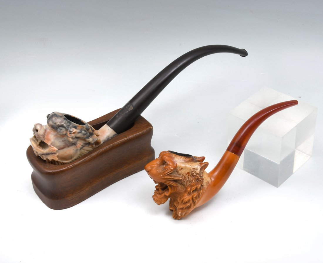 MEERSCHAUM TIGER AND SOAPSTONE DRAGON PIPES: MEERSCHAUM TIGER AND SOAPSTONE DRAGON PIPES: Largest Approx. 10.5" l x 1.75" h