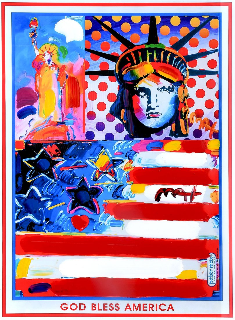PETER MAX "GOD BLESS AMERICA" MIXED MEDIA: MAX, Peter, (American, 1937-): "God Bless America", Mixed Media Original Acrylic over Lithography, sight size 23.5" x 17.5", signed lower right, studio serial number verso 599722, dated 2005, framed,