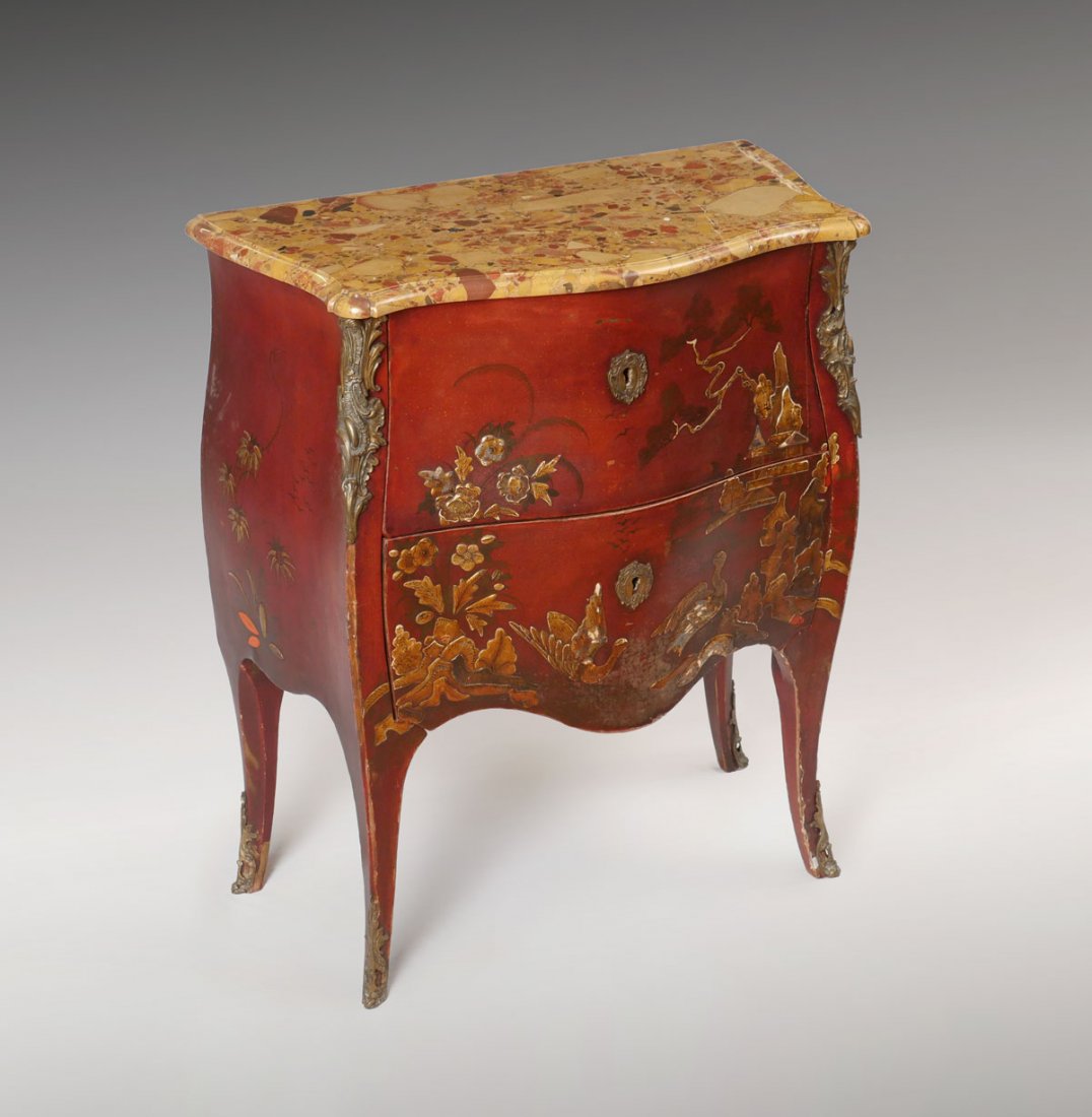 MARBLE TOP 2 DRAWER CHINOISERIE COMMODE: MARBLE TOP 2 DRAWER CHINOISERIE COMMODE: Early 20th century 2 drawer commode, having a raised chinoiserie motif at front & sides. Scrolling foliate metal mounts. Approx. 33.5" h x 28.5" l x 15" w.