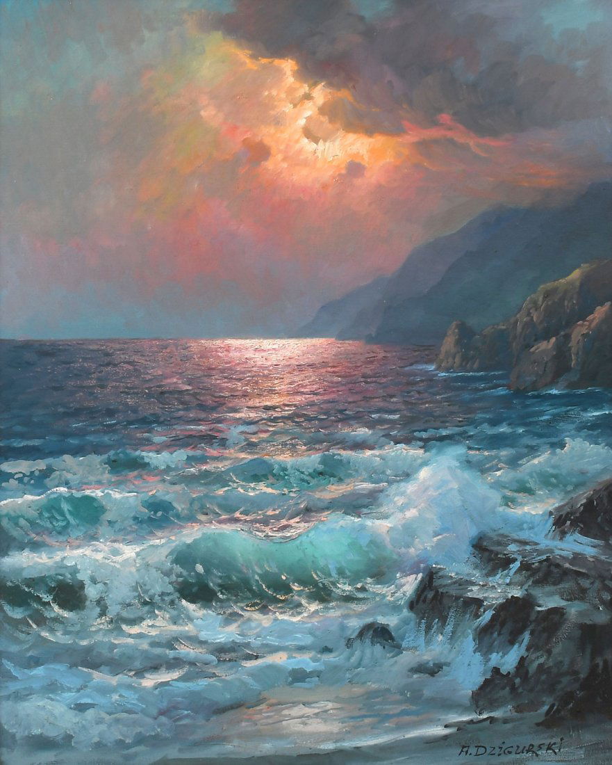ALEXANDER DZIGURSKI CALIFORNIA SUNSET PAINTING: DZIGURSKI, Alexander, (American, 1911-1995): California Coastal Scene with Sun Peaking Through Storm Clouds, Oil/Canvas, 30" x 24", signed lower right, framed, 38" x 31.75".