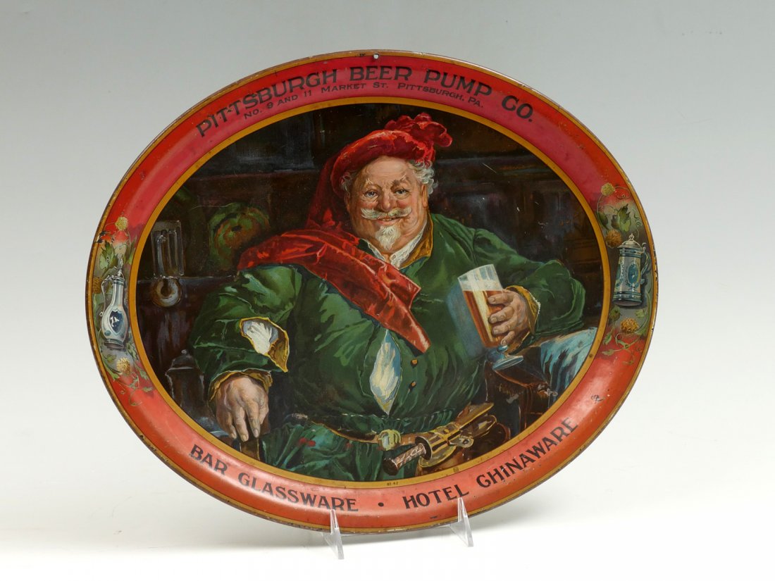 RARE PITTSBURGH BEER PUMP CO. ADVERTISING TRAY/SIGN: RARE PITTSBURGH BEER PUMP CO. ADVERTISING TRAY/SIGN: Lithographed reclining male figure with beer in hand. Approx. 13.75" h x 16.5" l.