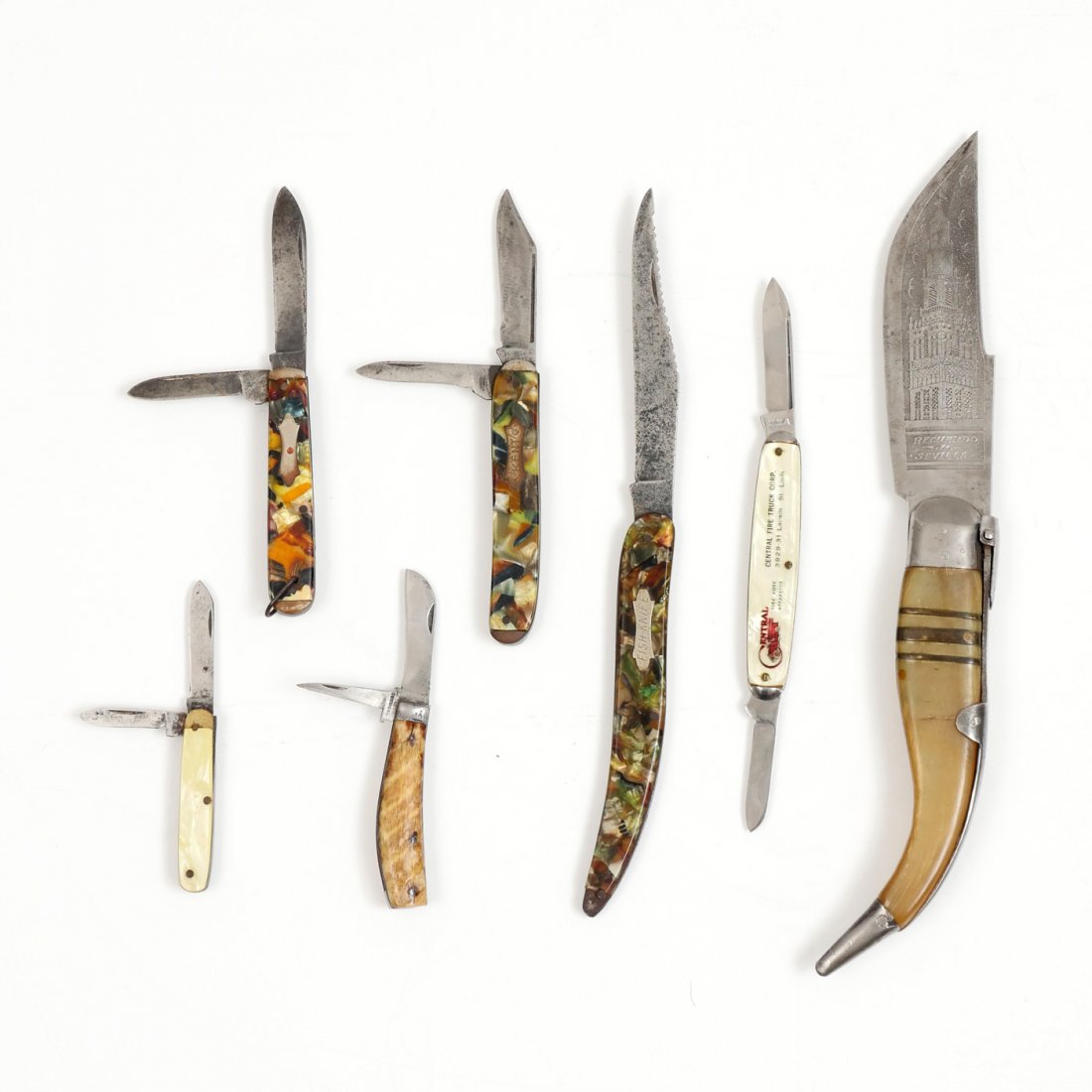 7 PIECE KNIFE LOT: 7 PIECE KNIFE LOT: 1) Vintage/Antique Ratcheting knife marked Recuerdo de Sevilla, approx. 10.5" open, very sharp; 2) Rodgers bone handle 2 blade folding knife, 4.25" open; 3) Fish-Knife, end of day h