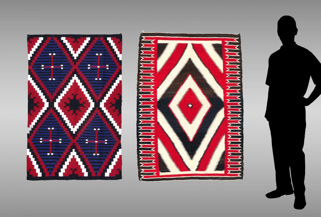 2 AMERICAN INDIAN GANADO ITEMS: 2 AMERICAN INDIAN GANADO ITEMS: 1) Ganado style rug in shades of brown with colorful red pattern. Measures 37" x 55"; 2) Beautifully done Ganado Chief pattern in red, white and black with alternating
