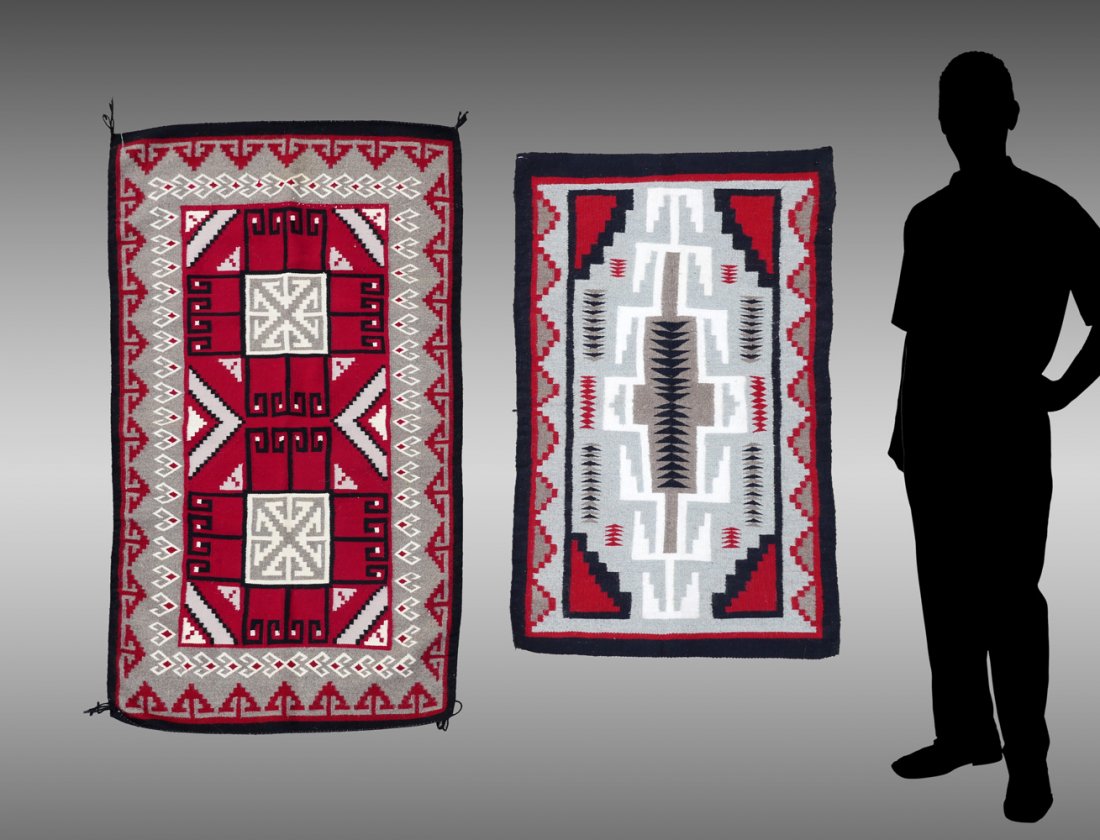 2 AMERICAN INDIAN WOVEN RUGS: 2 AMERICAN INDIAN WOVEN RUGS: 1) Navajo Klagetoh/Ganado rug with black border and grey, white, red and black geometric pattern measures 33" w x 55.5"l; 2) Navajo two grey hills rug with black border a