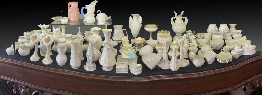 HUGE 125 AND MORE PC BELLEEK PORCELAIN COLLECTION: HUGE 125+ PC BELLEEK PORCELAIN COLLECTION: Sooo much to list. Please determine your level of interest from the photographs provided. Lot includes Shamrock, Owls, ruffled vases, fish vases, Elf Stature