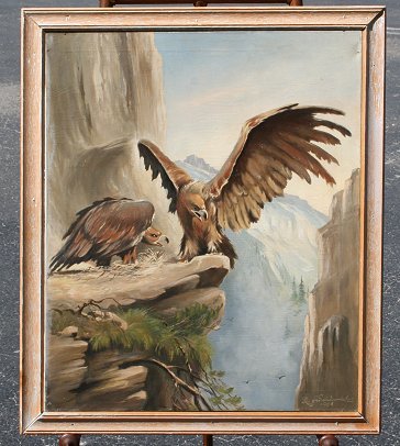 GERMAN? OIL PAINTING OF GOLDEN EAGLES: ILLEGIBLY SIGNED GERMAN? PAINTING OF GOLDEN EAGLES IN THEIR NEST: OIL/Canvas, sight size 23 1/2'' x 19 1/2'', illegibly signed lower left, dated 1966, unusual wooden frame you might want to replace, 2
