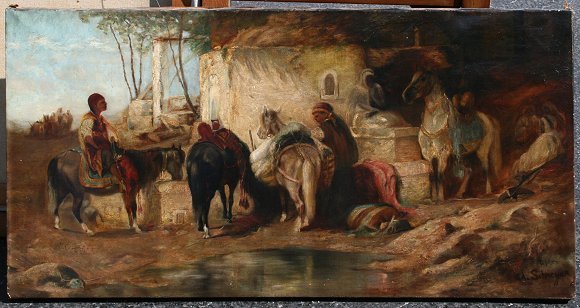 ORIENTALIST PAINTING AFTER SCHREYER: 19th C OIL/C ORIENTALIST SCENE WITH FIGURES AFTER SCHREYER: Depicting travelers with horses at rest in a Middle Eastern landscape, 17" x 34", signed lower right "after Ad. Schreyer", unframed.