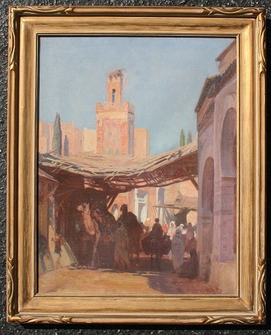 GORDON COUTTS ORIENTALIST MOROCCAN BAZAAR PAINTING: COUTTS, Gordon, (American, 1880-1937): Moroccan Bazaar Scene with Figures and Camel, Oil/Canvas, 18" x 14", signed, encased in period carved and gilded impressionist frame, 21 1/2" x 18".