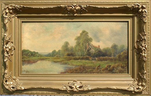 EARLY LANDSCAPE PAINTING SIGNED COLE: LATE 19th C COUNTRY LANDSCAPE WITH COTTAGE ON A STREAM: Oil/C, 12" x 24", signed G. Cole?, encased in over painted period gilded gesso frame, 21" x 33". Possibly George Cole, well listed English artis