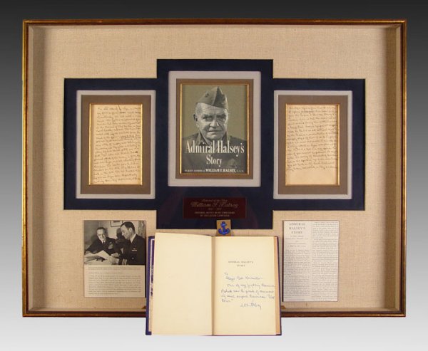 WILLIAM BULL HALSEY ORIGINAL NOTES & SIGNED BOOK: WILLIAM ''BULL'' HALSEY SIGNED FIRST EDITION BOOK & ORIGINAL NOTES: Signed first ''Admiral Halsey's Story'', signed by Halsey and J. Bryan III to Major Bob Kreidler. Halsey writes To Major bob Kreidle