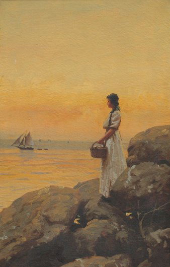 GILBERT GAUL OIL PAINTING: GAUL, Gilbert, (American, 1855-1919): ''Waiting For Her Ship'', OIL/Canvas, 23'' x 15'', signed, period gilded frame with wear, 26'' x 19''
