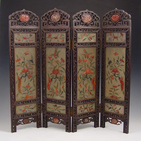 CHINESE CARVED STONE AND WOOD TABLE SCREEN: CHINESE CARVED HARD STONE TABLE SCREEN: Four panel screen, 17"h. x 18'' long. Carved and applied hard stone in pierce carved rosewood frame.