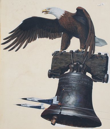 REN WICKS AMERICAN EAGLE LIBERTY BELL ILLUSTRATION: WICKS, Ren, (American, 1911-1977): Illustration depicting the American Bald Eagle, Pass & Stow Liberty Bell & 2 American fighter jets, Gouache, sight size 23 1/2'' x 19 1/2'', signed lower right, enca