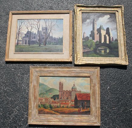 3 CARYL HARRIS LANDSCAPE PAINTINGS: HARRIS, Caryl, (American, 20th C.): 3 pc. Oil/Canvas Board European Church painting lot, 16" x 12" or 12" x 16", all signed, one encased in a labeled Newcomb Macklin frame with cracklure through the g