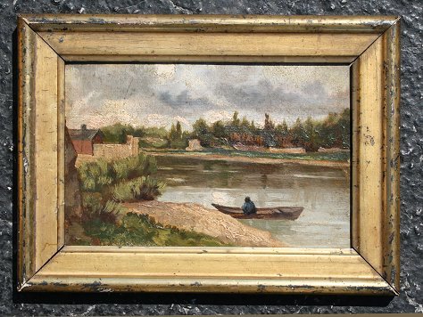 LATE 19TH/EARLY 20TH C EUROPEAN SCHOOL RIVER SCENE: LATE 19TH/EARLY 20TH C EUROPEAN SCHOOL RIVER SCENE: Depicting a figure in a punt with village in the distance, OIL/Board, 6 1/2'' x 9 1/2'', no visible signature, encased in worn gilded period frame, 