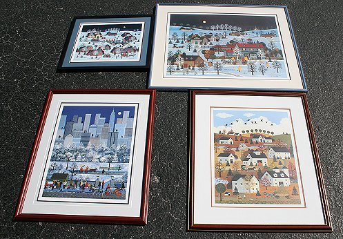 4 JANE WOOSTER SCOTT SIGNED SERIGRAPHS: 4 LIMITED EDITION SIGNED LITHOGRAPHS BY JANE WOOSTER SCOTT: To include, CAPE CODE AUTUMN, sight size 21" x 17", pencil signed, #306/575, encased in wooden frame with gold accents, 30" x 26". NEW YORK 