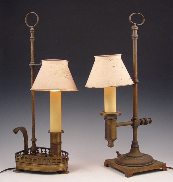 2 PIECE HORN & BRANNEN BRASS TABLE LAMPS: 2 PIECE HORN & BRANNEN BRASS TABLE LAMPS: Both have Horn & Brannen Lighting Fixtures metal tag on base. Includes 1) Student lamp, measures 17 3/4" high x 5 1/4" x 8". Note paint on metal shade. 2) Tri