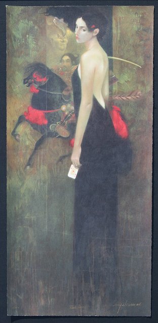 FELIX MAS BLACK DRESS SIGNED SERIGRAPH: MAS, Felix, (Spanish, 20th C.): "Black Dress", Serigraph, 36 1/2" x 18 1/4", signed, numbered 15/350, encased in elaborate contemporary gilded gesso molding, 64" x 35".