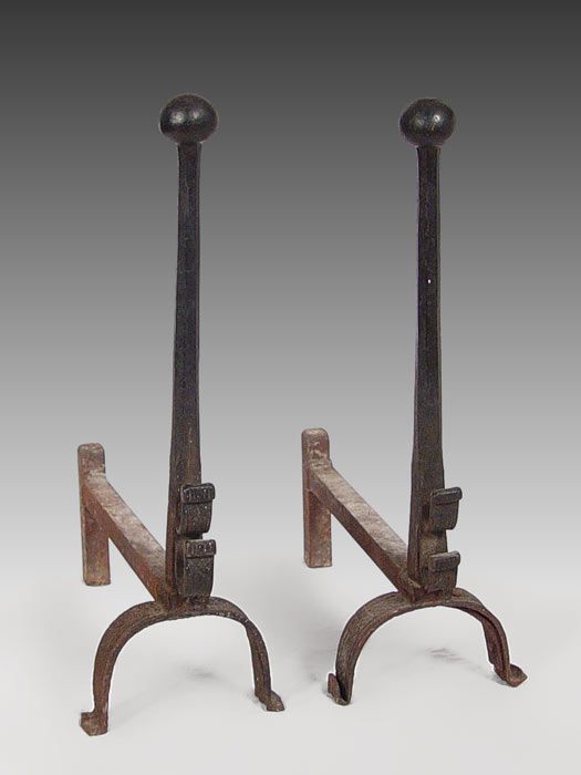 18TH CENTURY ENGLISH CAST IRON ANDIRONS: 18TH CENTURY ENGLISH CAST IRON ANDIRONS: Worn Celtic twist design on feet and front hooks, ball finial. Measure 31" h. x 24 1/2" x 10 3/4".