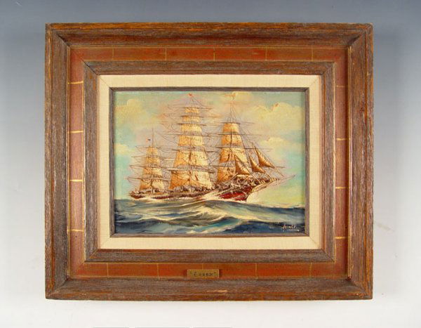 ILLEGIBLY SIGNED PAINTING CLIPPER SHIP ESSEX: ILLEGIBLY SIGNED PAINTING CLIPPER SHIP ESSEX: OIL/Board, 11" x 14", painted wood frame 16 1/4" x 19 1/4"