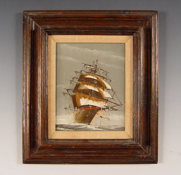 ILLEGIBLY SIGNED PAINTING CLIPPER SHIP: ILLEGIBLY SIGNED PAINTING CLIPPER SHIP: OIL/Canvas, 12" x 10", framed 17" x 15"