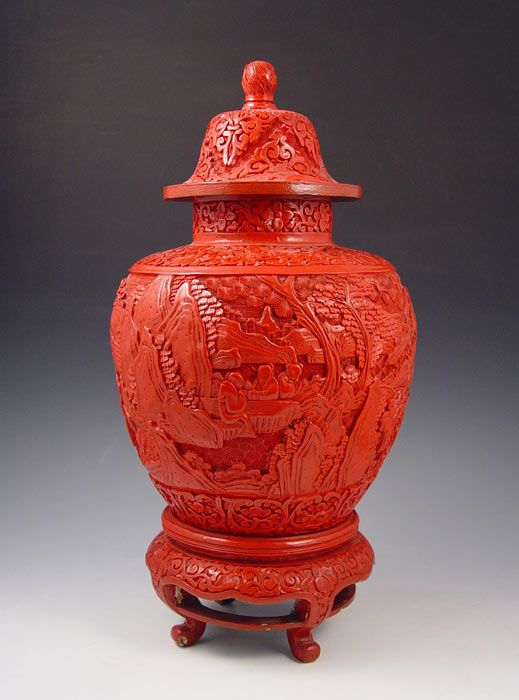 1880 CHINESE CINNABAR COVERED URN ON STAND: 1880 CHINESE CINNABAR COVERED URN ON STAND: Measures 17 1/4" h. x 8 1/2" dia.