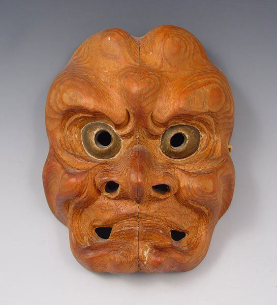 JAPANESE NOA / KABUKI CARVED WOOD MASK: JAPANESE NOA / KABUKI CARVED WOOD MASK: Carved from a single wood with the natural grain contributing to the design, lacquer interior, 7" x 6".