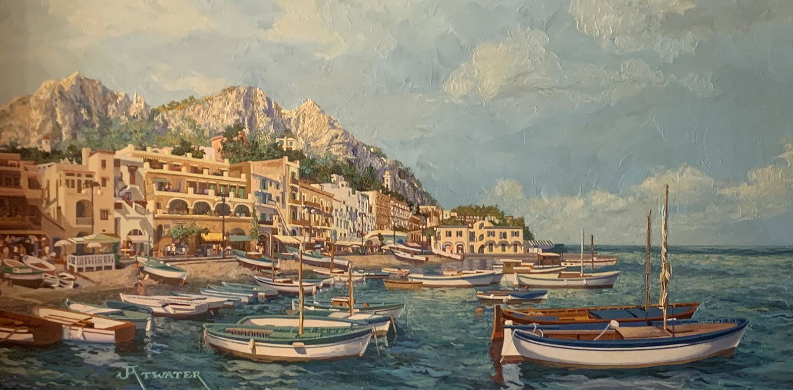JOHN ATWATER PAINTING: ATWATER, John, (American, 1954-): ''Capri'', Oil/Masonite, 9.625'' x 18.625'', signed lower left, framed, 15'' x 24.25'', signed titled and dated 1995 verso.