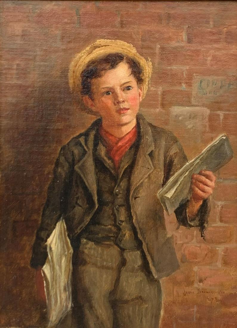 BROWNSCOMBE NEWSBOY OIL ON CANVAS: BROWNSCOMBE, Jennie, (American, 1850-1936): ''Newsboy'', Oil/Canvas, 13'' x 9.5'', signed lower right and dated 1878, deep dish gilded cove frame, 22.5'' x 19.25''. Art Students League founder, member