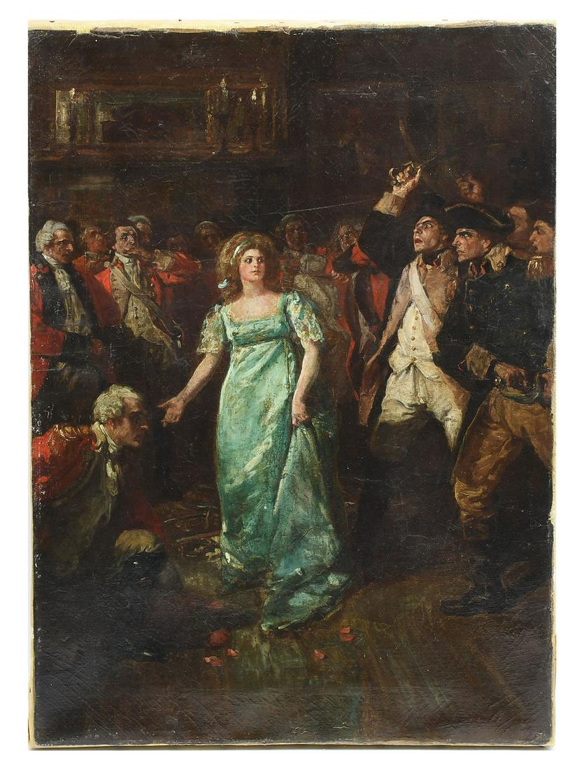 INTENSE REVOLUTIONARY WAR ILLUSTRATION: STEPHENS, Alice Barber, (American, 1858-1932): Interior Scene with the Woman in Front of Separating Red Coats and Blue Coats, Oil/Canvas, 22" x 16", signed lower right, unframed.
